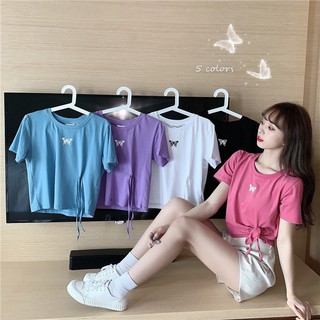 ✎✉○Everyday  เสื้อยืดแขนสั้นใส่ได้2แบบ มีเชือกผูกที่เอว ปล่อยชายเสื้อได้ ( 5931 )6สีเสื้อเชิ้ตเสื้อเชิ้ตผู้ชาย🎁🎀✨🎗