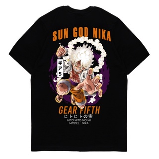 ย้อนยุคเสื้อยืดแขนสั้น พิมพ์ลายอนิเมะ One Piece LUFFY GEAR 5 SUN GOD NIKA สไตล์ญี่ปุ่น สําหรับผู้ชาย และผู้หญิงS-5XL