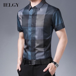 Ielgy เสื้อเชิ้ตแขนสั้นลําลอง คอปก ลายสก๊อต แฟชั่นสําหรับผู้ชาย