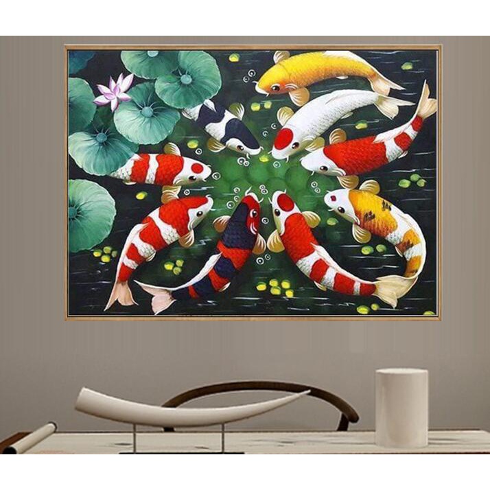 (พร้อมส่ง) ภาพติดเพชร ครอสติสคริสตัล diamond painting ภาพวาดเพชร ภาพตกแต่งบ้าน Nine Fish Lotus ศิลปะ DIY 5D #sh24
