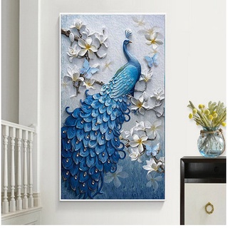 (พร้อมส่ง) ภาพติดเพชร ครอสติสคริสตัล diamond painting ภาพตกแต่งบ้าน Blue Peacock ศิลปะ DIY 5D #D146