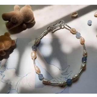 สร้อยข้อมือเงินแท้925%  Silver Bracelet Pearl &amp; Blue Sponge Quartz Beads