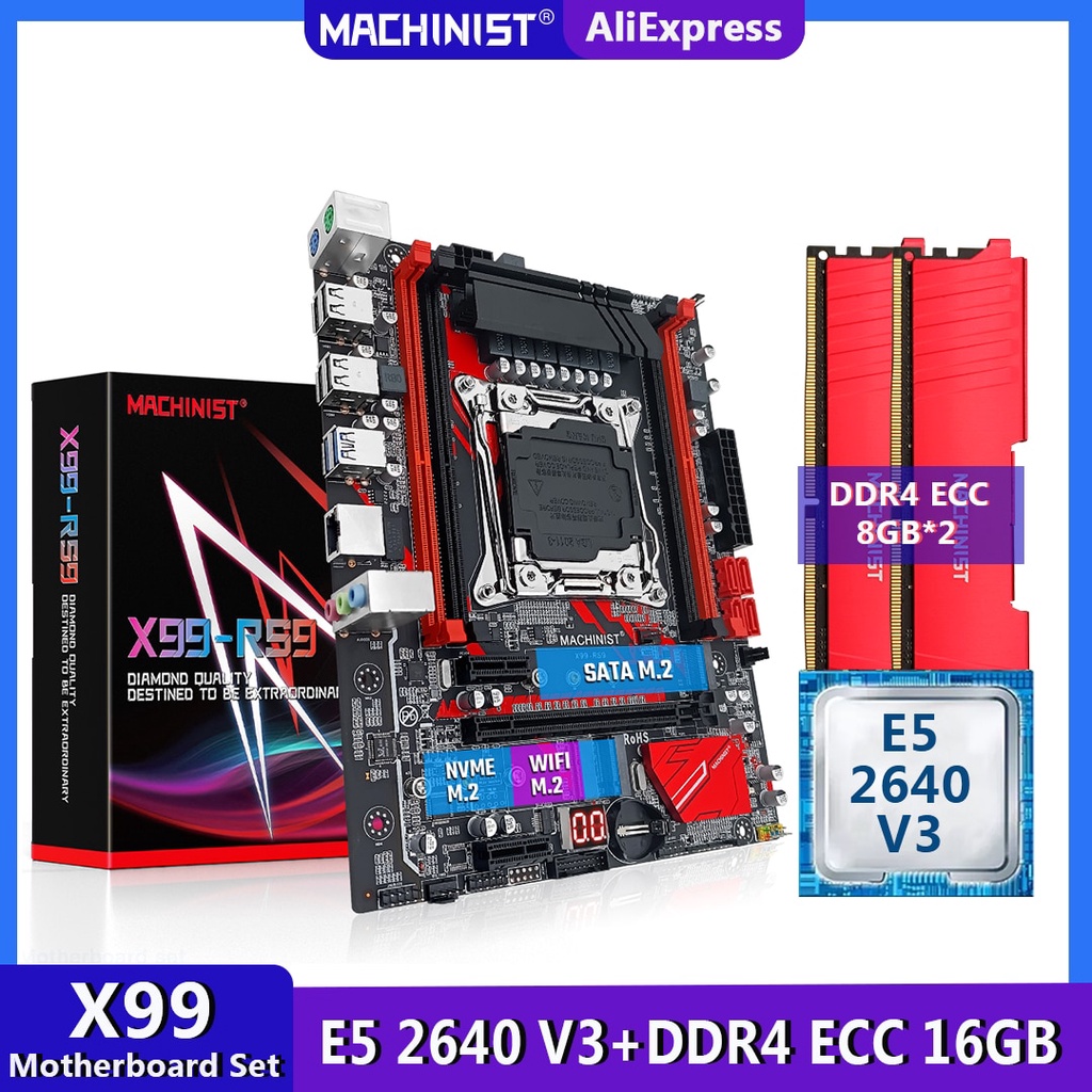 Machinist X99 ชุดเมนบอร์ด LGA 2011-3 พร้อม CPU Intel Xeon E5 2640 V3 16GB(2*8G) DDR4 ECC RAM 2133Mhz M-ATX NVME M.2 RS9