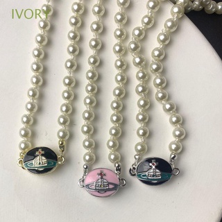 Ivory สร้อยคอโชคเกอร์ จี้ไข่มุก ดาวเสาร์ ดาวเคราะห์ ดาวเคราะห์ สไตล์เกาหลี วินเทจ หรูหรา หลากสี สําหรับผู้หญิง