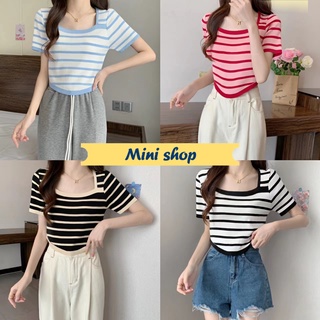 Mini shop🌸พร้อมส่ง🌸(6A309) เสื้อไหมพรมแขนสั้น คอกลม ลายทางดีเทลปลายโค้งเก๋ๆ -C