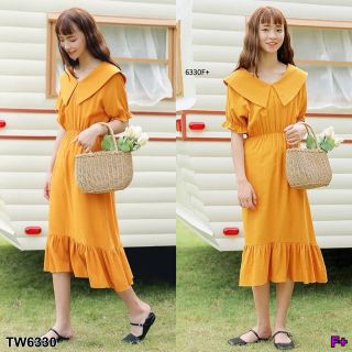 Dress ชุด #เดรสสีเหลือง คอวีปก หน้า-หลัง แขนแต่งจั้ม เนื้อผ้าคอมพ์สีเหลือง  รอบเอวยืดสม็อค ชายเดรสแต่งระบาย