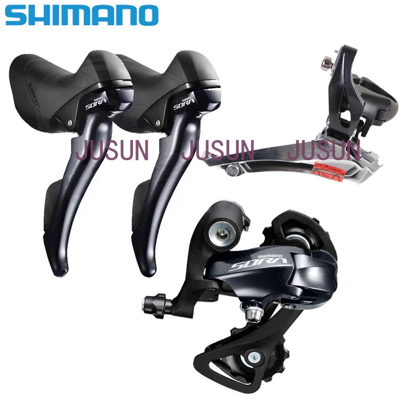 ชุดเกียร์ Shimano SORA R3000 สำหรับจักรยาน ประกอบด้วย ST-R3000 ขวา, RD-R3000-SS หลัง, และ FD-R3000 ห