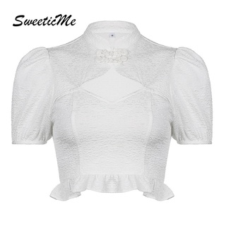 Sweeticme เสื้อครอปท็อป แขนสั้น คอปก เข้ารูป สีพื้น แฟชั่นสําหรับผู้หญิง