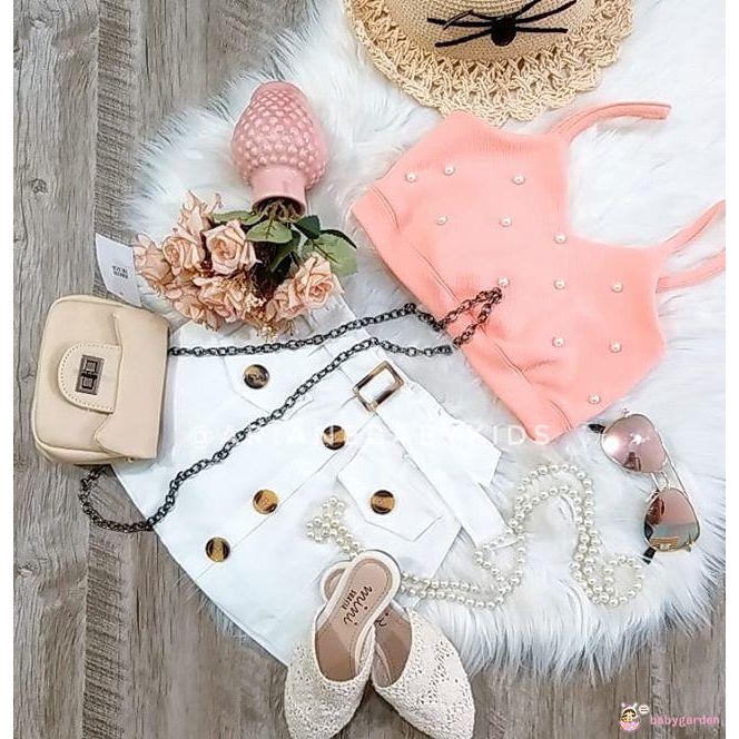Lovely Baby Girls Clothes Sets Sleeveless Pearl Crop Tops White Mini Skirts 2pcs Outfit Summer