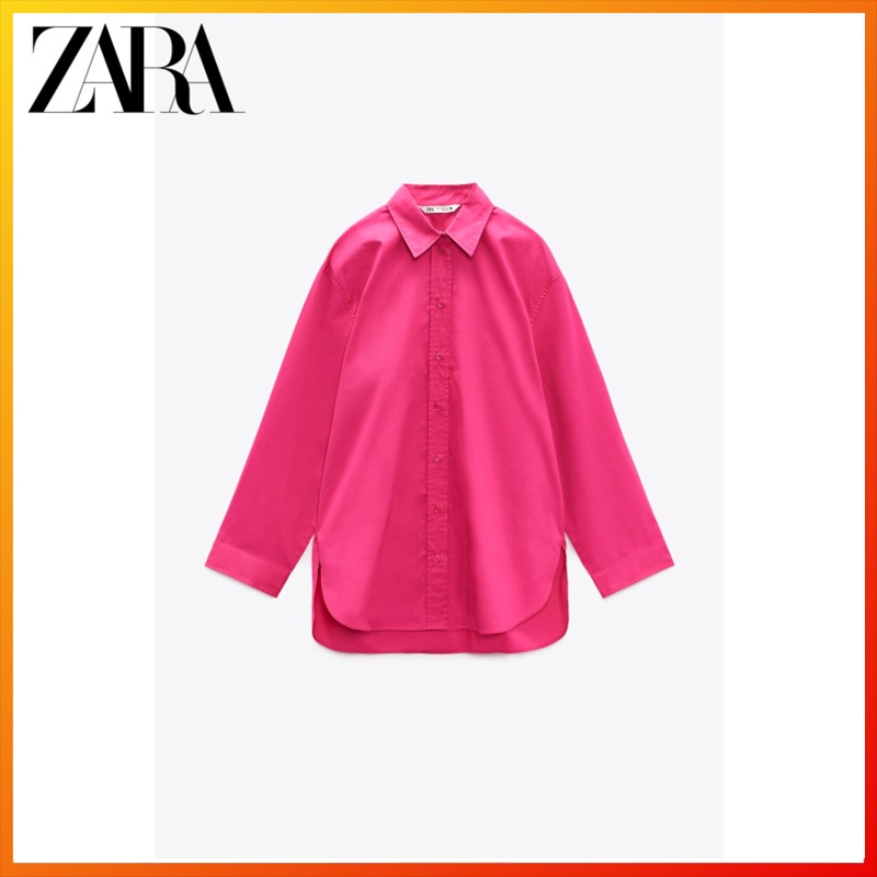 Zara ฤดูใบไม้ผลิ ใหม่ ผู้หญิง แฟชั่น สีเรืองแสง ผง สีขาว หลวม เสื้อ poplin