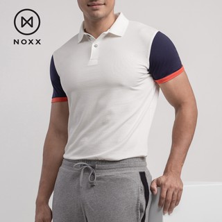 Noxx Polo T-shirt: เสื้อยืด โปโล สีขาว แขนน้ำเงินขอบส้ม