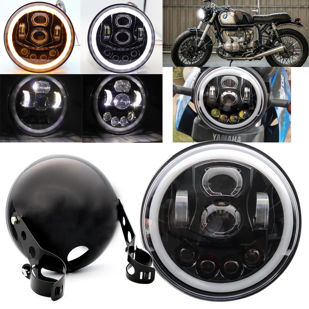 ไฟหน้ารถจักรยานยนต์ LED 7.5 นิ้ว 7 นิ้ว สีดํา สําหรับ Harley Cafe Racer Bobber Honda Bmw R-Nine-T