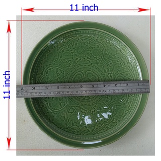 จาน 11นิ้ว,ลายนางพญา,สีเขียว,จานเซรามิก เซรามิค จานลายไทย,จานกับข้าว,จานสเต็ก,เซรามิค ลำปาง,จานอาหาร otop lampang