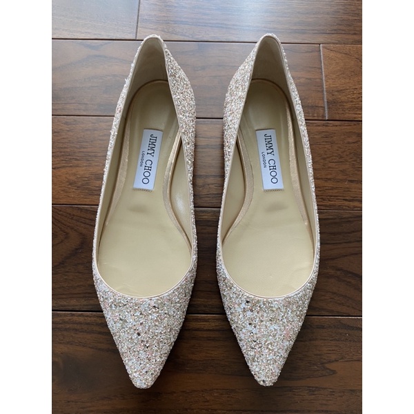 Jimmy Choo pink rose glitter embellished flat shoes
