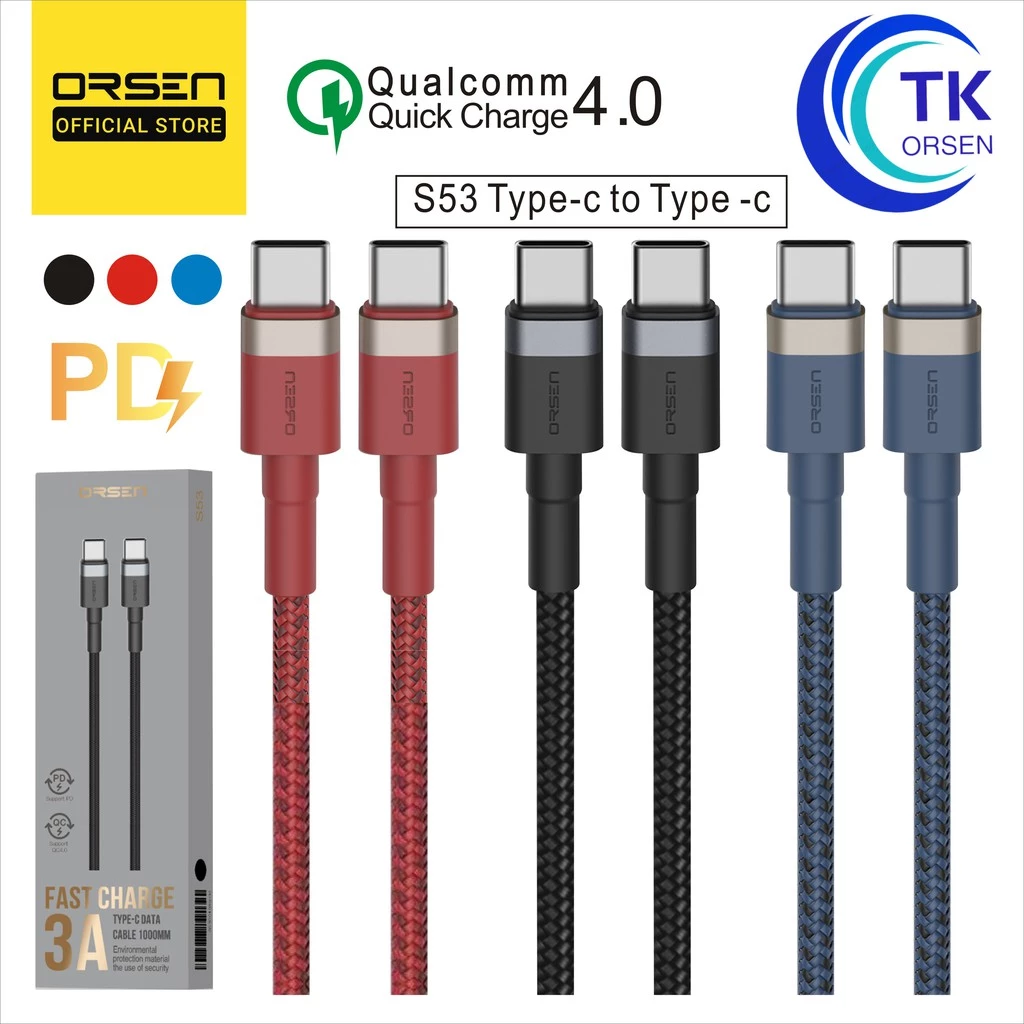 ORSEN by Eloop S53 สายชาร์จเร็ว USB Type-C 3A รองรับถ่ายโอนข้อมูล สายถัก USB C to USB C ความยาว 1 เมตร