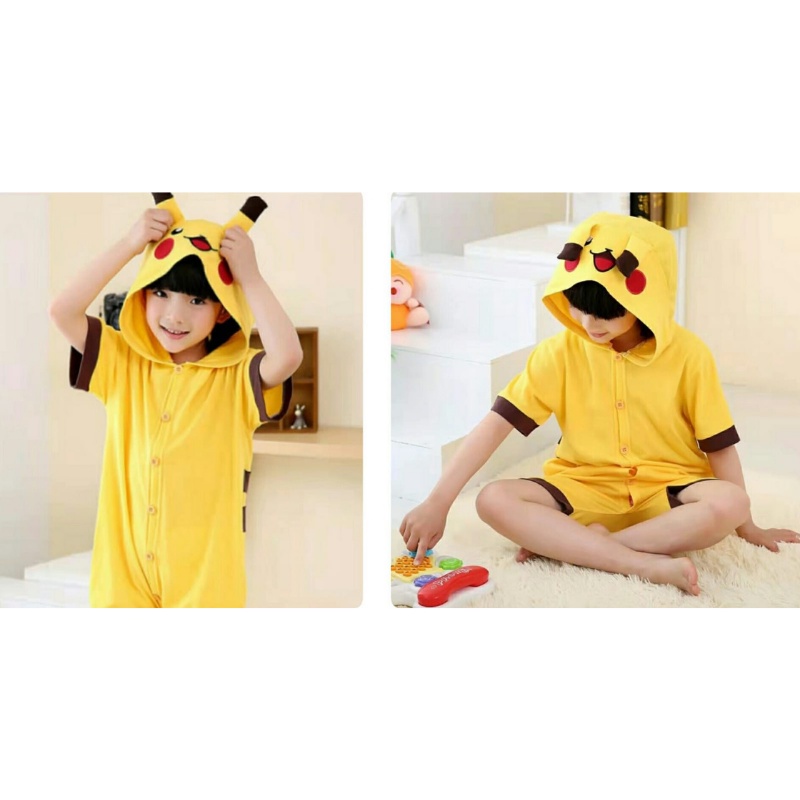 POKEMON PIKACHU ONESIE COSTUME แขนสั้นคอสเพลย์ชุดนอนเด็กชุดนอนตัวอักษร