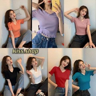 Kiss.shop🌟พร้อมส่ง🌟เสื้อไหมพรม คอกลมแต่งขอบยักสวยงาม(8240)