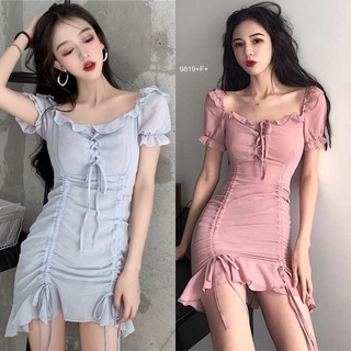 TW9819 Dress ปาดไหล่ผ้าชีฟอง มีซับใน อกสานเชือกผูกโบว์ ช่วงกระโปรงแต่งรูดเชือกย่น ชายแต่งระบาย