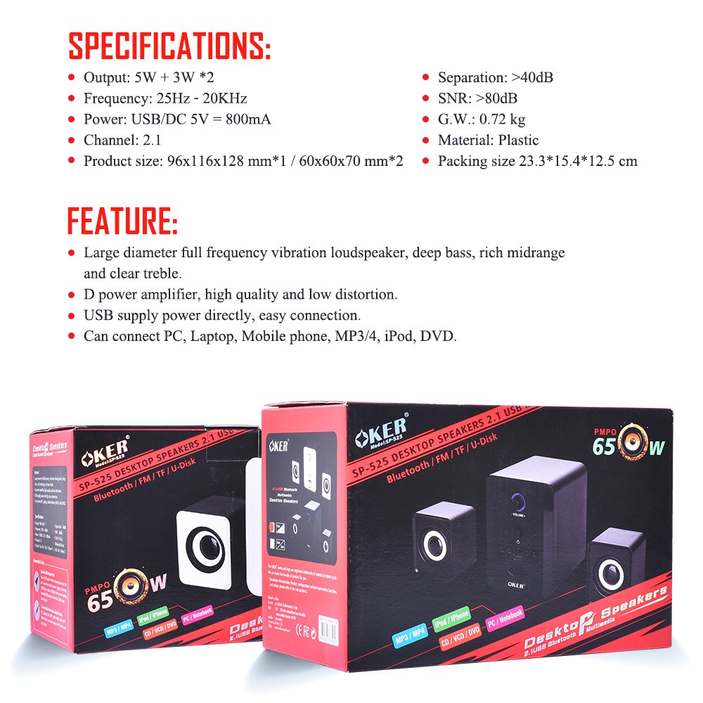 OKER ชุดลำโพงบลูทูธ ลำโพงสเตอริโอแบบ 2.1 BLUETOOTH SPEAKER DESKTOP SP-525