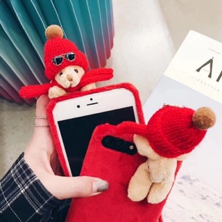 เคสไอโฟน คริสต์มาส christmas 🐻หมีหมวกแดง ผ้านิ่ม