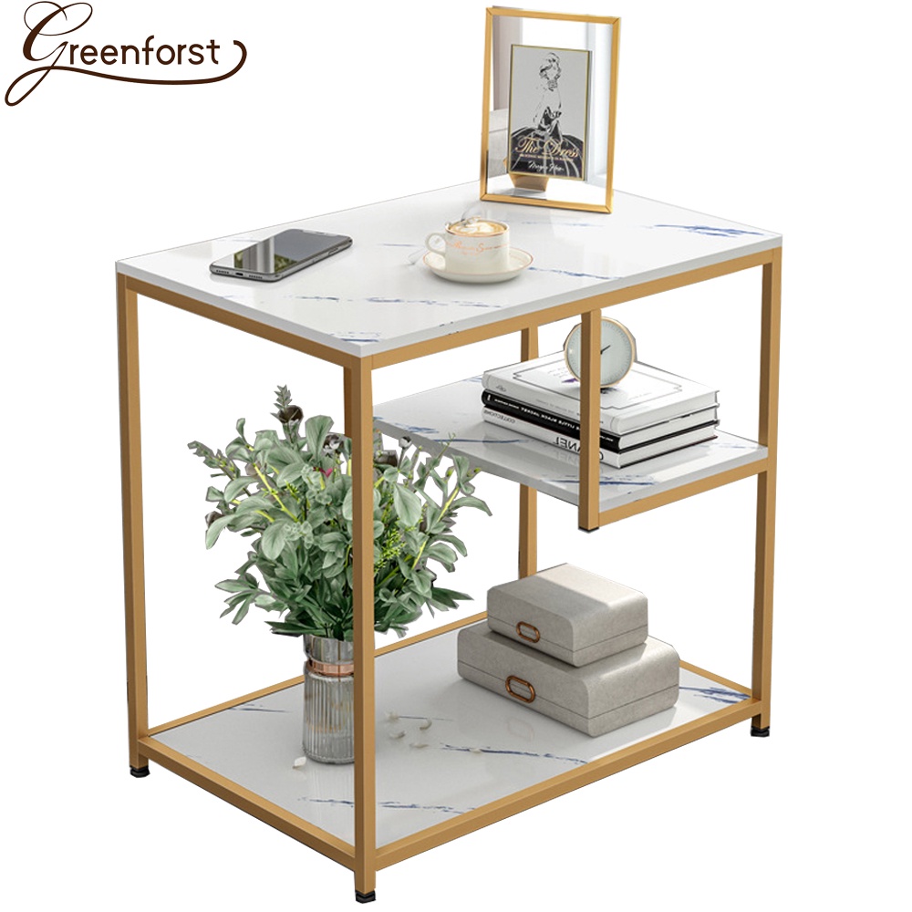 Greenforst โต๊ะข้างโซฟา โต๊ะกาแฟ 3ชั้น ลายหินอ่อน โครงเหล็กสีทอง รุ่น H-2243