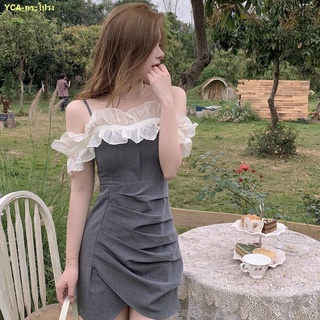 🍭คะนอง🍭สตรี 2022 ใหม่ ruffled กระโปรง one-shoulder suspender dress bag กระโปรงสะโพก