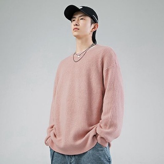 เสื้อไหมพรมผู้ชาย คอกลม สีชมพู เสื้อกันหนาว ผ้าหนานุ่ม ยืดหยุ่นได้ดี