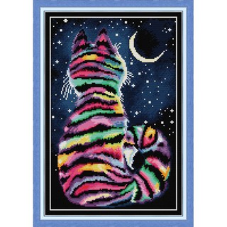 ชุดปักครอสติช แมว แมวสีรุ้ง พระจันทร์ การ์ตูน (Striped cat Cross stitch kit)
