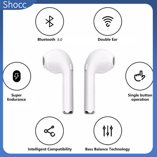 Shocc i7 Tws ชุดหูฟังบลูทูธไร้สาย 5.0 พร้อมไมโครโฟน และกล่องชาร์จ สําหรับเล่นกีฬา