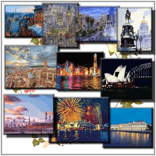 40*50 Cm Diy ภาพวาดสีน้ำมัน ภาพระบายสีตามตัวเลข Painting Paint By Numbers City Scenery