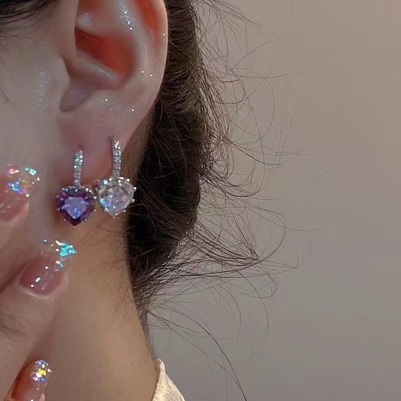Multicolor Zircon Love Heart ต่างหูต่างหู S925 เข็มเงินเครื่องประดับ Classy Peach Heart ต่างหูคริสตัล