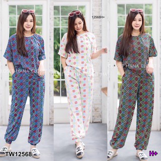 GN12568 **รบกวนสอบถามก่อนสั่งซื้อจ้า** Set #สาวอวบ เสื้อแขนสั้น+กางเกงขายาวจั๊มปลายขา