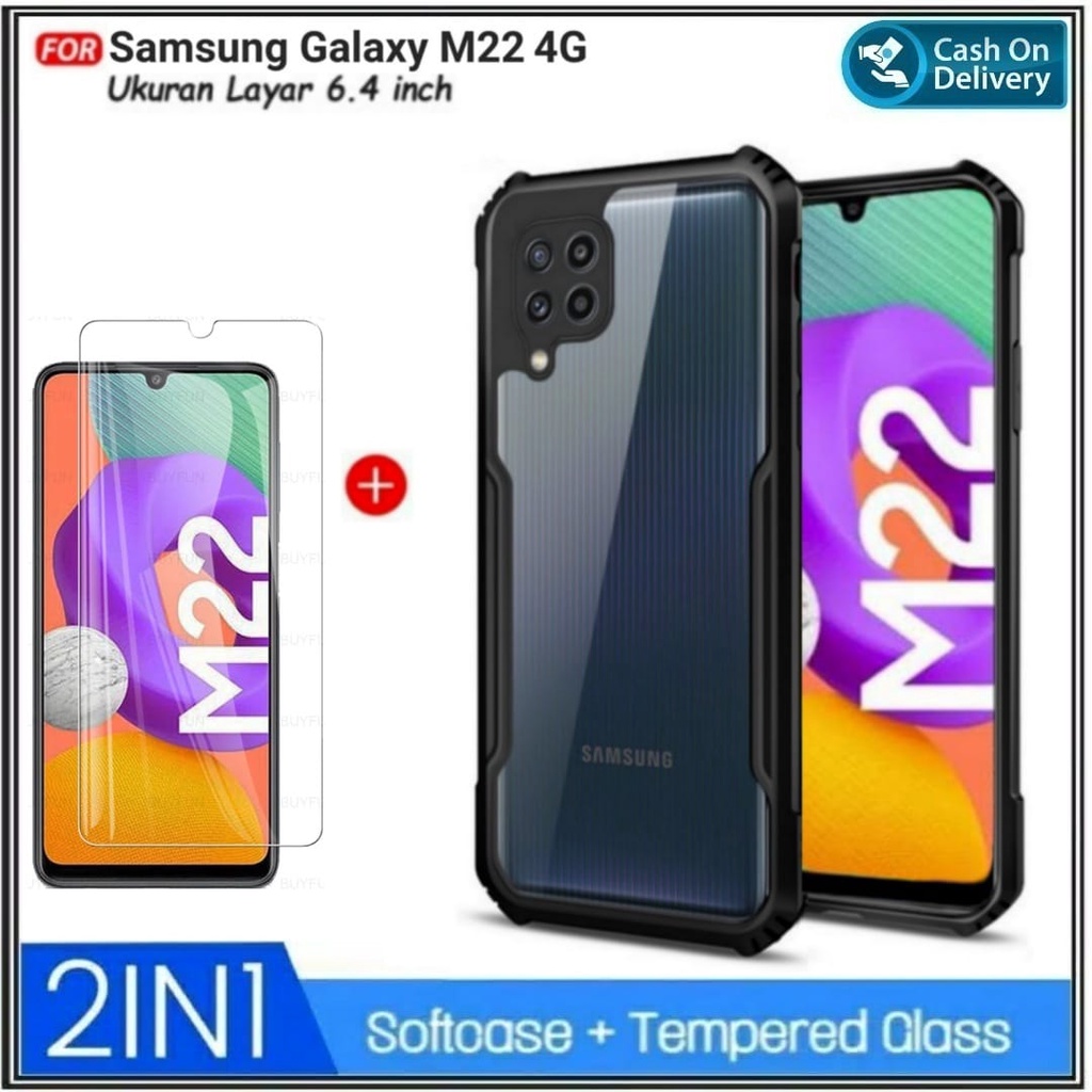 2IN1 กรณี Samsung M22 F22 4G Soft Hard Fusion โปร่งใส ShockProof Galaxy M22 F22 4G ฟรีกระจกนิรภัย