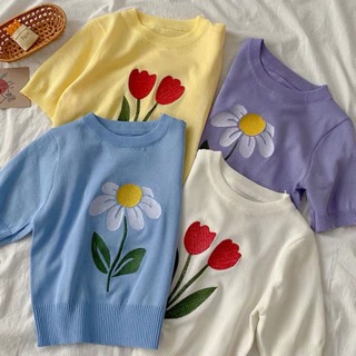 พร้อมส่ง tulip &amp; daisy เสื้อไหมพรม แขนสั้น ปักลายดอกไม้