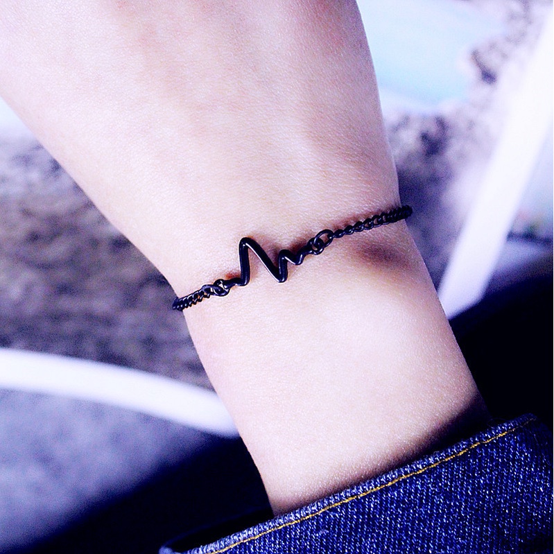 สร้อยข้อมือเงิน สีดํา ทอง เรียบง่าย อิเล็กโทรไดโอแกรม สร้อยข้อมือโซ่ ปรับได้ สําหรับผู้ชาย / ผู้หญิง / คู่รัก