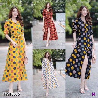 TW13535  Maxi Dress เดรสยาว ปกเชิ้ต ติดกระดุมด้านหน้า