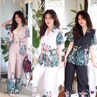 Set 2 ชิ้น เสื้อเชิ้ต เสื้อปกฮาวาย กระดุมผ่าหน้า มาพร้อมกางเกงขายาว เอวยาวยืดสม็อคหลัง มีซับในมีกระเป๋าล้วงข้าง