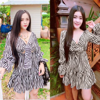 MF13323🍓 Dress เดรสผูกอกแขนยาว สม็อคปลายแขน แต่งผูกโบว์ ผ้าวูลพีชลายม้าลาย เอวสม็อค พร้อมส่ง