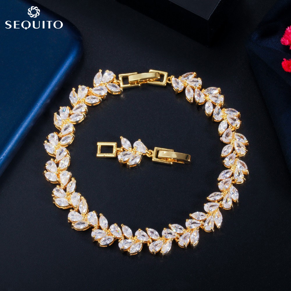 หรูหรา Marquise ตัด CZ คริสตัล Leaf Link Chain สร้อยข้อมือสําหรับสุภาพสตรีเจ้าสาวงานแต่งงาน Gold Plated เครื่องประดับอุปกรณ์เสริมsaberSequitoB114