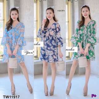 ❤️ TW11917 Dress มินิเดรสแขนกระดิ่ง ผูกโบว์หน้าอก น่ารัก ทรงเก๋สุดๆ เนื้อผ้าสลาฟพิมพ์ลายใบไม้