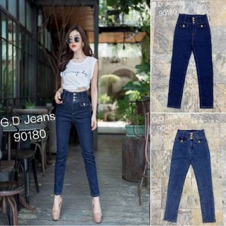 G.D.Jeans รุ่น 90180-1#กางเกงยีนส์แฟชั่นขายาวผ้ายืดเอวสูงสีฟอกทรงเรียบเปิดกระดุมทองหน้าสามเม็ด