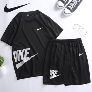 Nike ชุดวอร์ม ระบายอากาศ แห้งเร็ว สําหรับผู้ชาย ใส่เข้ายิม ฟิตเนส 2 ชิ้น (เสื้อยืด + กางเกงขาสั้น)