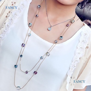 Fancy สร้อยคอลูกปัดคริสตัล แบบยาว สองชั้น หลากสี