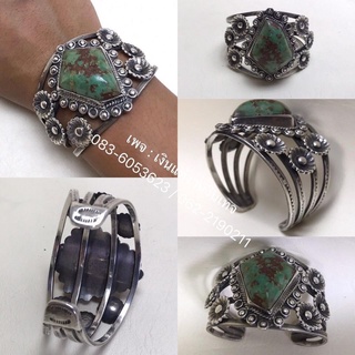 เทอร์ควอยซ์ อัญมณีเเท้ งานเมกา Vintage Navajo Fred Harvey Era Turquoise Sterling Cuff Bracelet