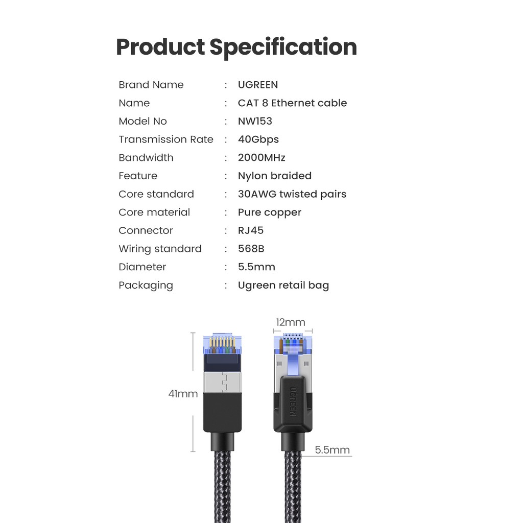 Ugreen สายแลนเครือข่ายอีเธอร์เน็ตไนล่อนถัก CAT8 40Gbps 2000MHz CAT 8 สําหรับแล็ปท็อป PS 4 RJ45