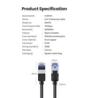 UGREEN สายแลนเครือข่ายอีเธอร์เน็ตไนล่อนถัก CAT8 40Gbps 2000MHz CAT 8 สําหรับแล็ปท็อป PS 4 RJ45