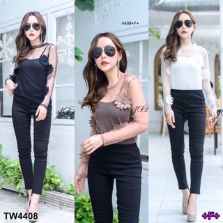 TwinsShopVip💗พร้อมส่ง TW4408 Set 3 ชิ้น เสื้อสายเดี่ยวมุ้งตาข่าย+กางเกงเลคกิ้ง