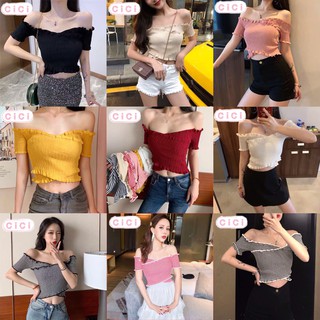 CICI(พร้อมส่ง)(C383)เสื้อไหมพรมปาดไหล่ ดีไซน์ไขว้หน้า หวานปนเช็กชี่