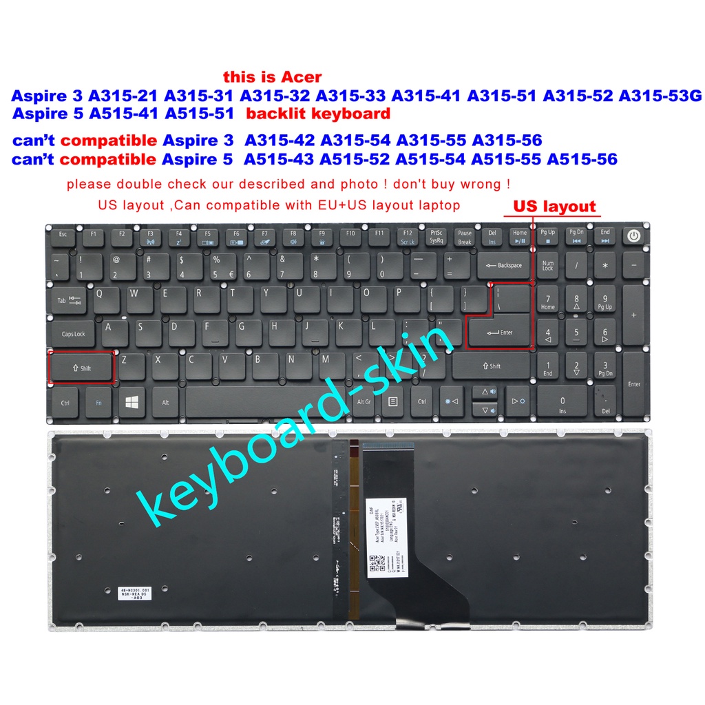 US backlit คีย์บอร์ดสําหรับ Acer Aspire 3 A315-21 A315-31 A315-32 A315-41 A315-51 A315-52 A315-53 A3