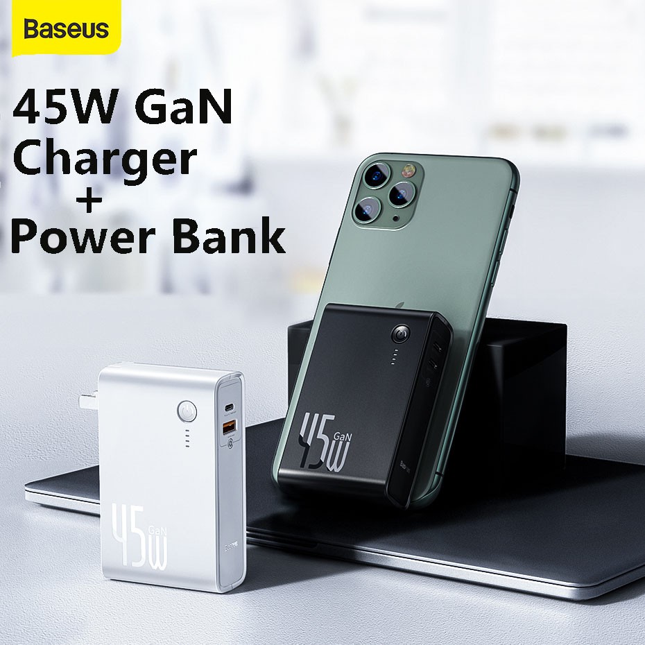 Baseus 2 in 1 GaN Power Bank 10000mAh แบตสำรอง With 45W USB Charger PD Quick Charging For iPhone 5A Quick Charging For Notebook